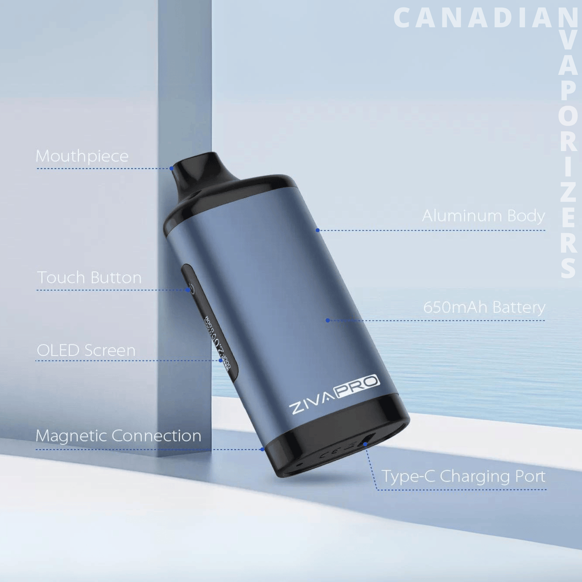 Yocan Ziva Pro - Blue Yocan Ziva Pro vaporizer with a black mouthpiece, OLED screen, touch button, and USB-C port.