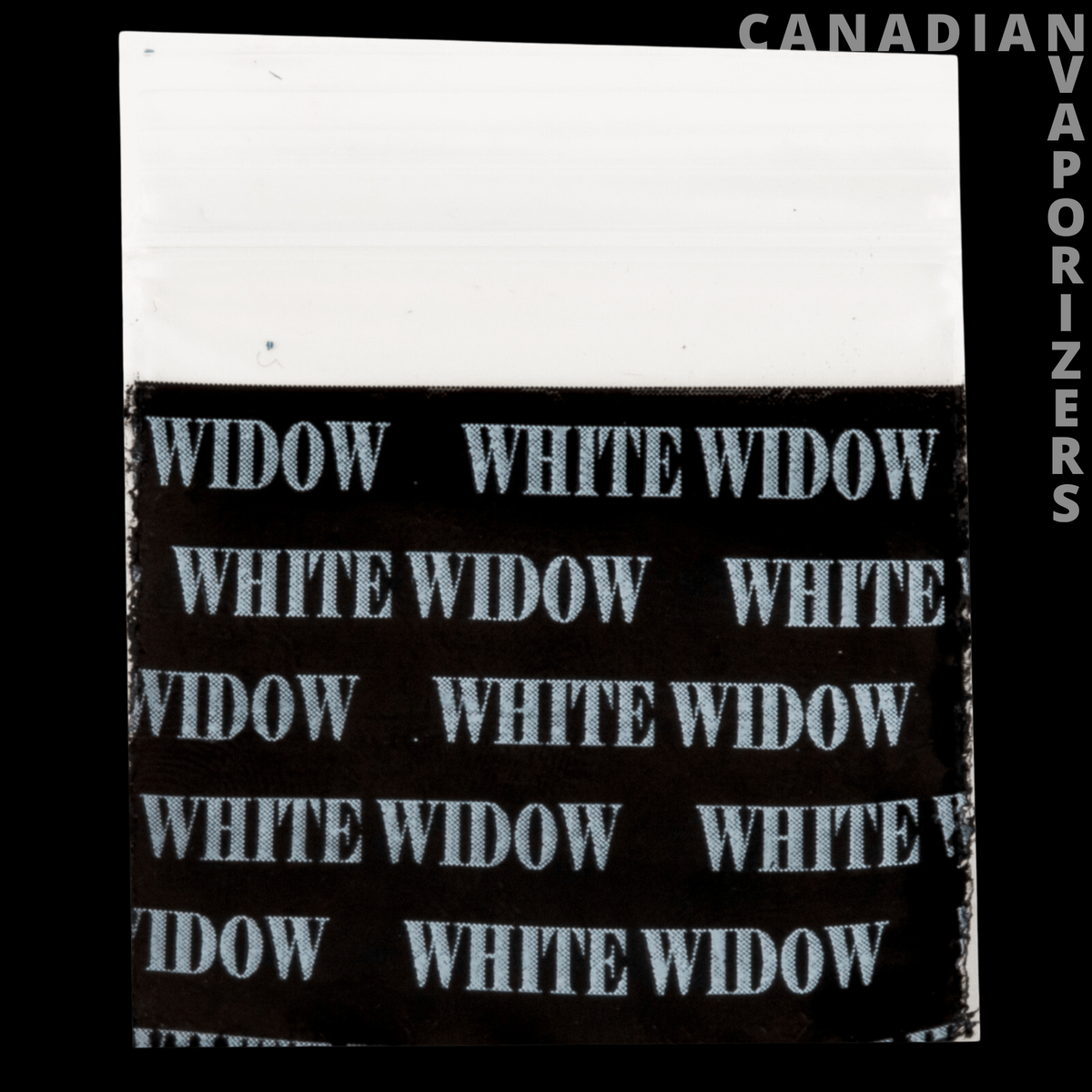 1.25" x 1.25" Baggie Pack (Bag of 1000) - Small black-and-white baggie printed with repeating “White Widow” text and a plain white header.