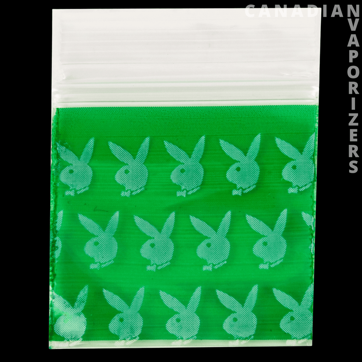 1.25" x 1.25" Baggie Pack (Bag of 1000) - Small translucent green baggie with repeating pale blue Playboy bunny logos and a white zip closure.