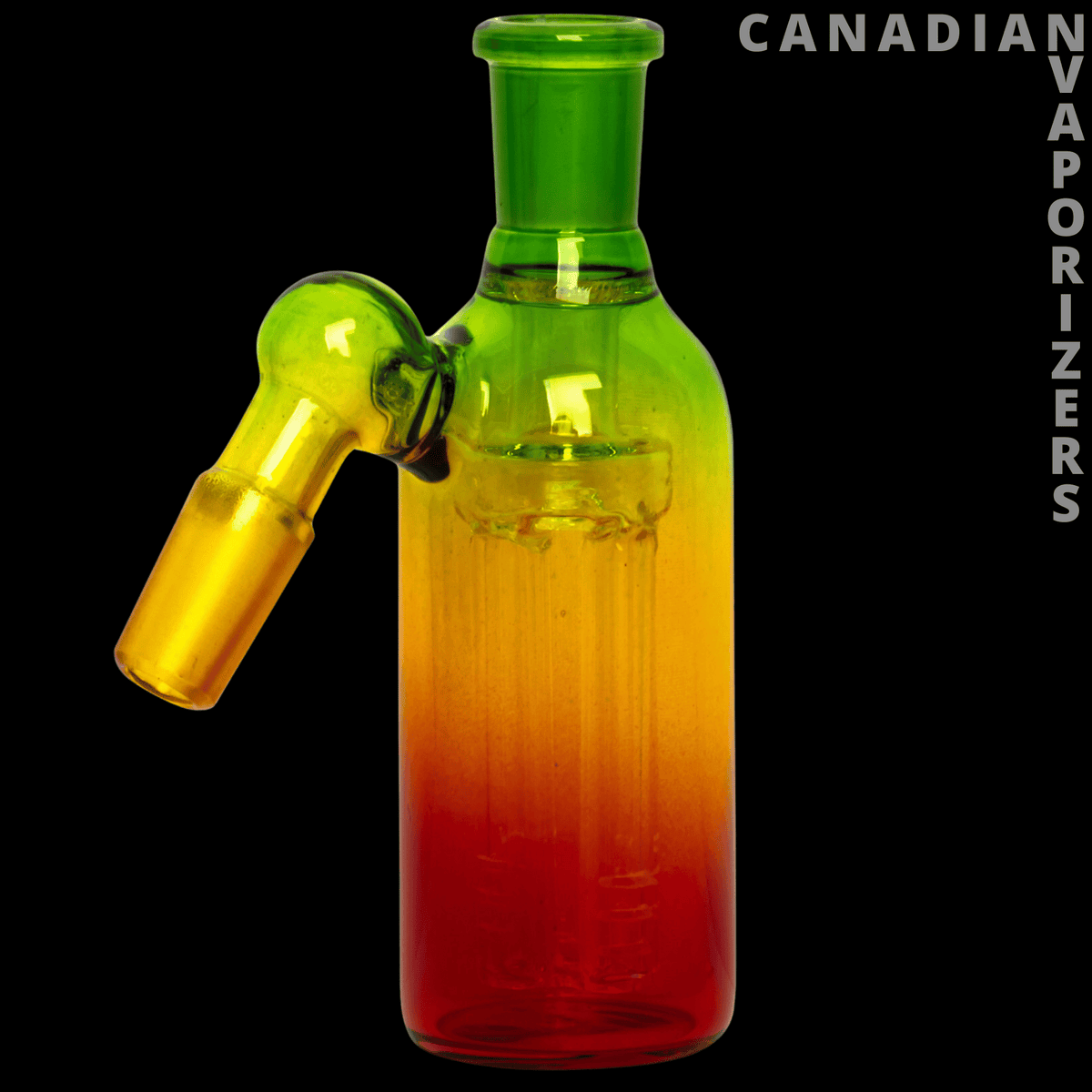 14mm 45 Degree Day Glow Ash Catcher W/4-Arm Tree Perc - Neon green-to-red glass ash catcher with a 45-degree joint and visible tree percolator.