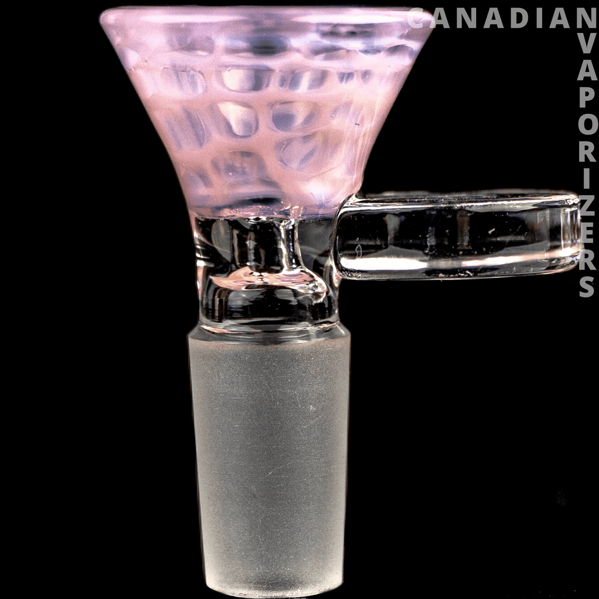 14MM Pink | Hydros Thick Wall Honeycomb Funnel Bowl - 14 mm pink honeycomb glass funnel bowl with a thick frosted stem and clear side handle.