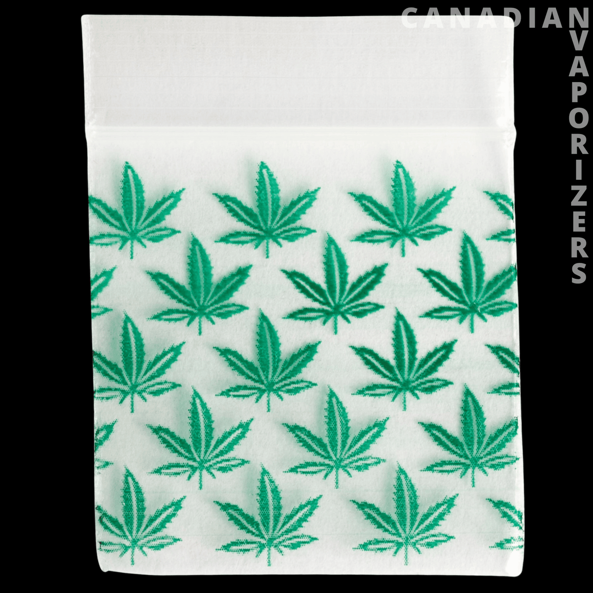 1.5" x 1.5" Baggie Pack (Bag of 1000) - Clear 1.5-inch baggie printed with a repeating green cannabis leaf pattern.
