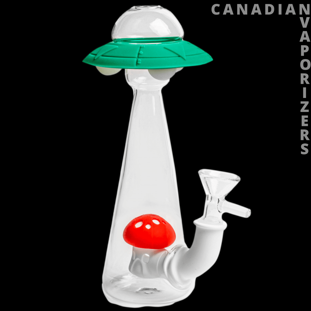 7" Alien Abduction Bubbler - Clear glass alien abduction bubbler with a green UFO cap and red mushroom-shaped bowl.