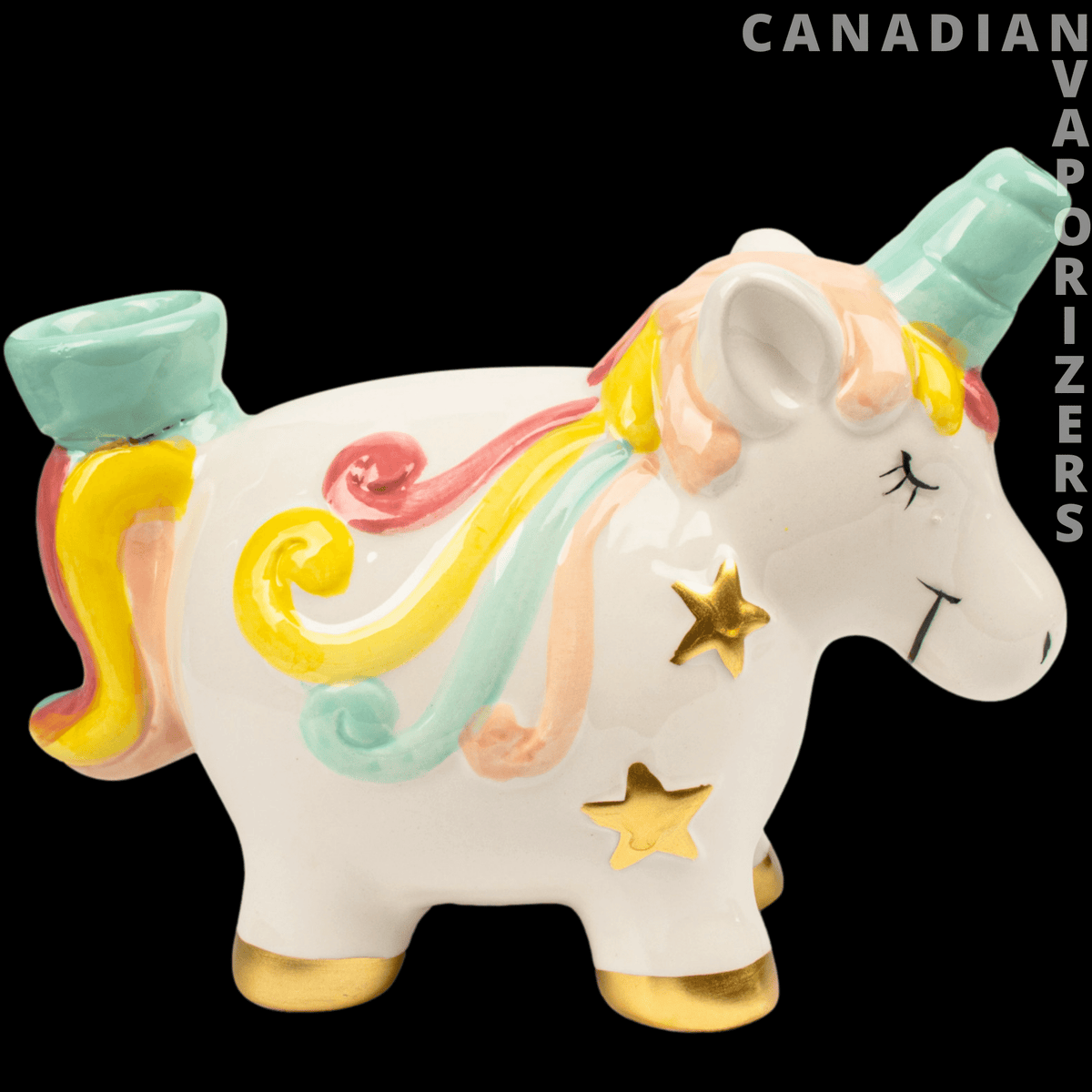 7" Unicorn Ceramic Pipe - White ceramic unicorn pipe with a mint-green horn, colorful flowing mane, gold stars, and a tail-shaped bowl.