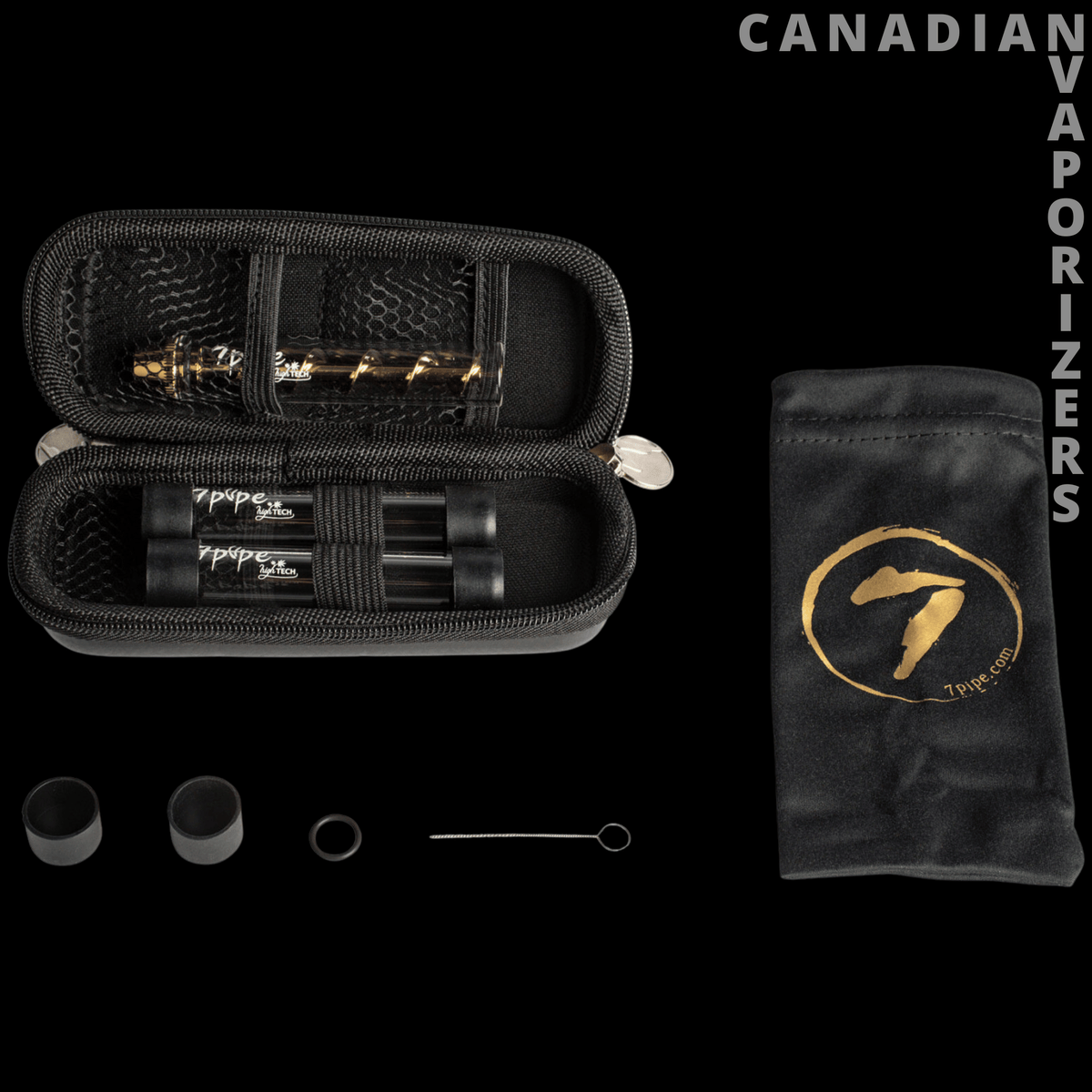 7Pipe The Twisty Five Chambered Glass Blunt Combo Kit - Open black zip case with glass blunt parts, two caps, a cleaning tool, and a black drawstring pouch.