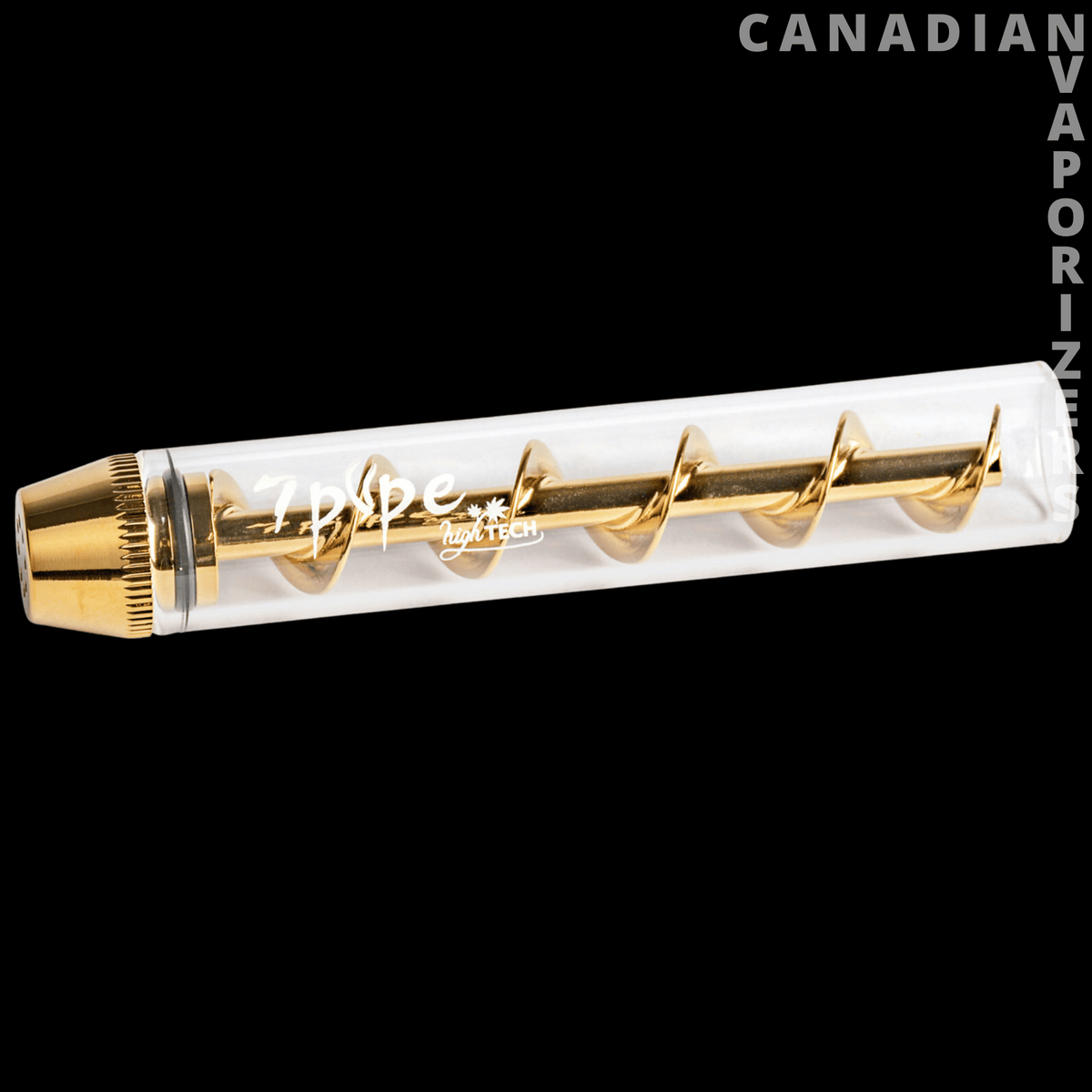 7Pipe The Twisty Five Chambered Glass Blunt Combo Kit - Clear glass blunt with five gold-colored spiral chambers, gold end caps, and 7Pipe branding.
