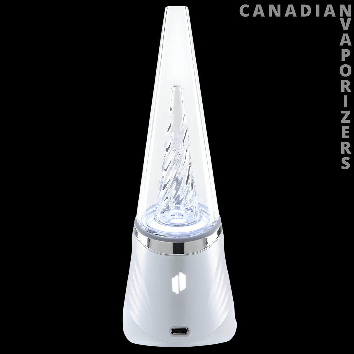 Puffco New Peak Pro 3DXL - White Puffco Peak Pro vaporizer with a translucent glass top and illuminated base against a black background.