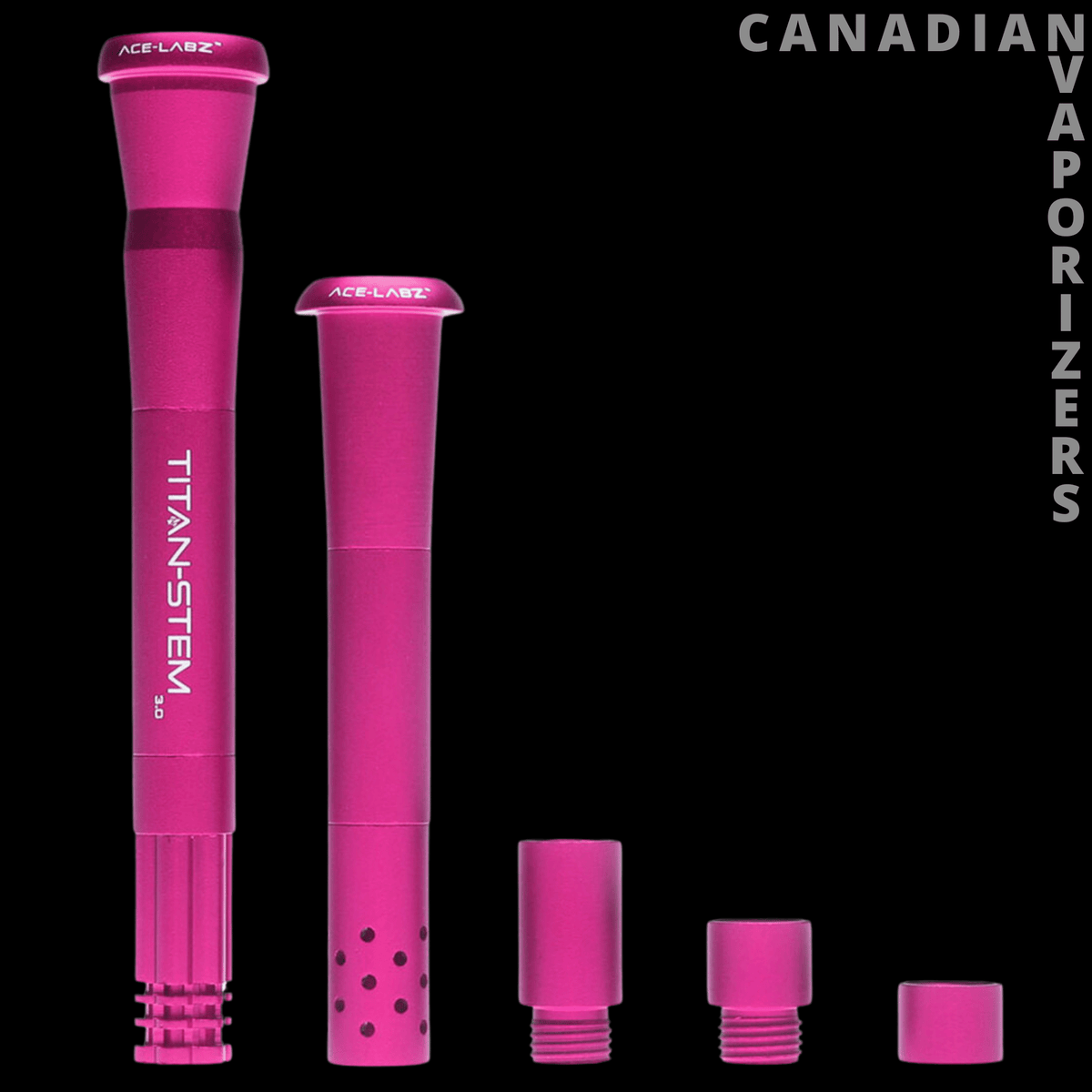 Ace-Labz Titan-Stem 3.0 Adjustable Length Metal Downstem (14mm & 19mm) - Pink adjustable metal downstem shown fully extended and in four progressively shorter configurations.