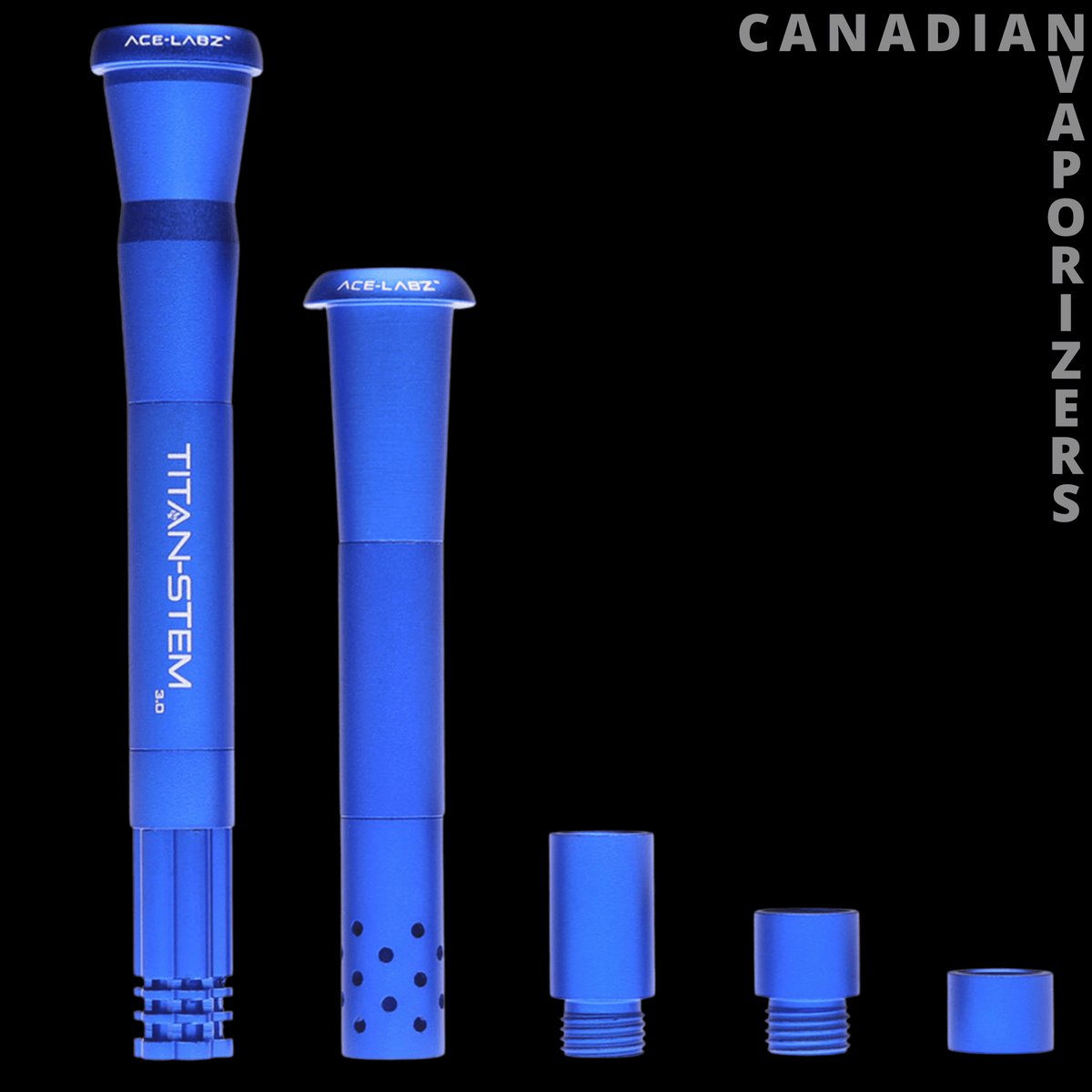 Ace-Labz Titan-Stem 3.0 Adjustable Length Metal Downstem (14mm & 19mm) - Blue adjustable metal downstem shown extended and collapsed, with perforated ends and matching center connector.