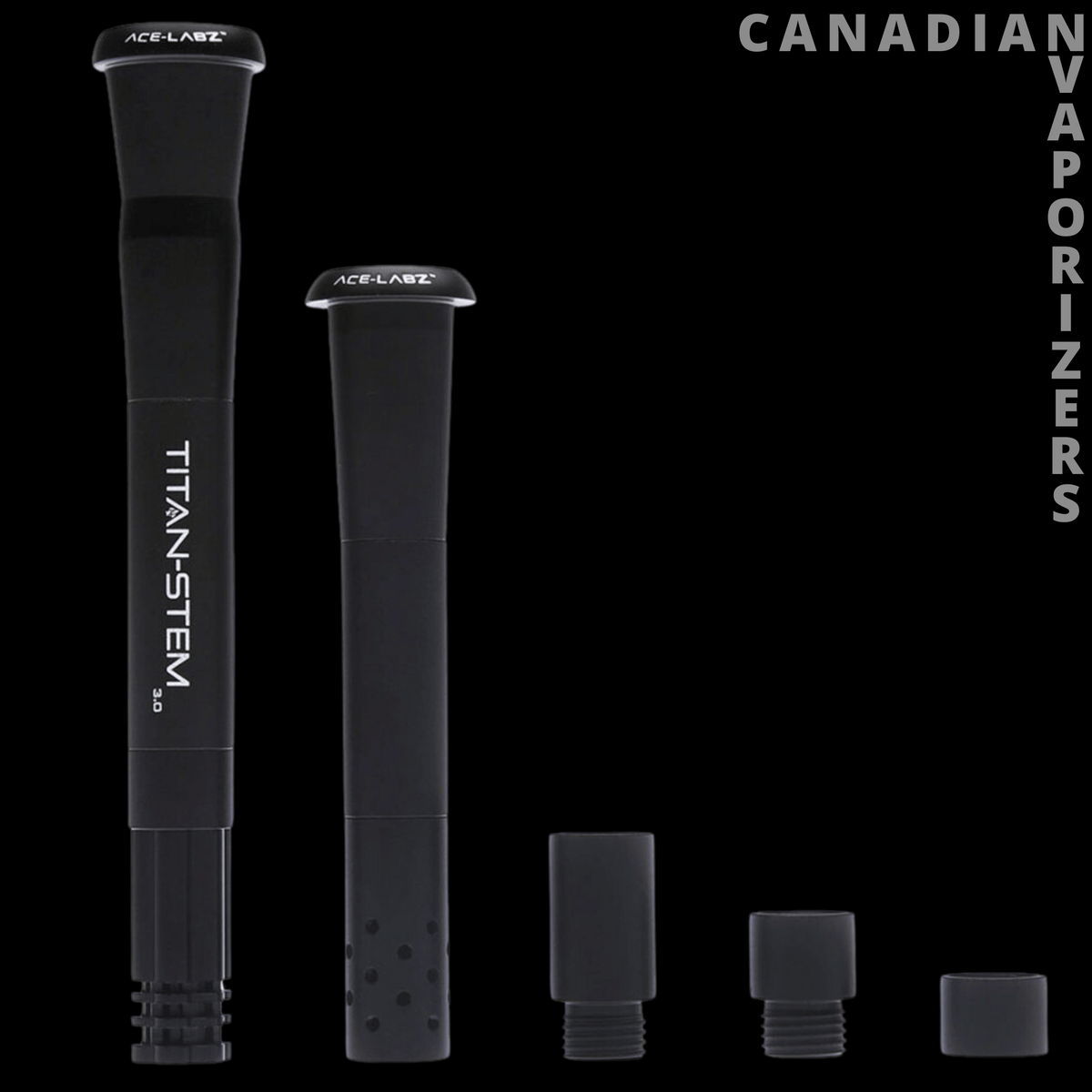 Ace-Labz Titan-Stem 3.0 Adjustable Length Metal Downstem (14mm & 19mm) - Black adjustable metal downstem shown at two lengths with interchangeable threaded fittings.