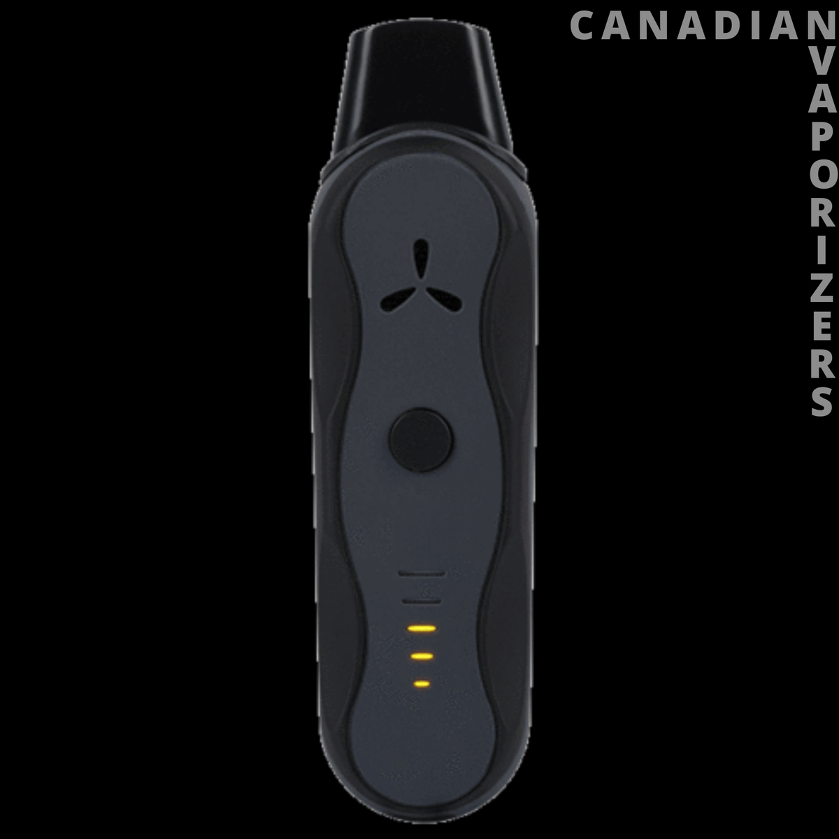 AirVape XS GO - Black AirVape XS GO portable vaporizer with a curved body, round control button, and three yellow indicator lights.