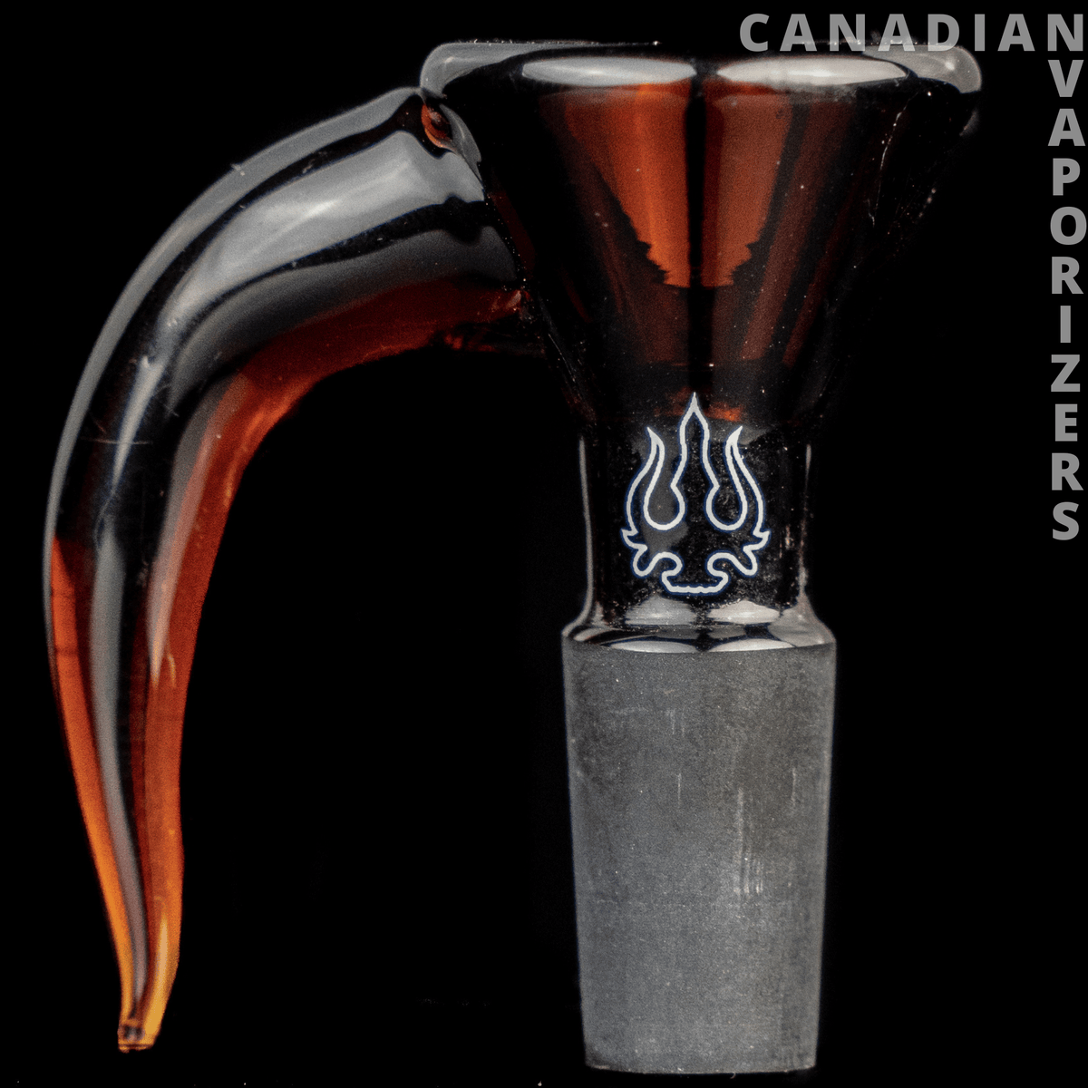 Amber | 14MM Hydros Hook Funnel Bowl - Amber glass 14mm hook funnel bowl with a curved side handle and gray glass joint.
