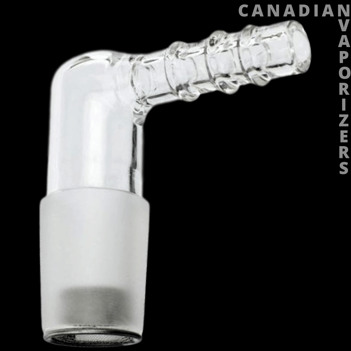Arizer Extreme Q & V-Tower Glass Elbow Adapter - Clear glass elbow adapter with a ribbed horizontal stem and frosted tapered ground-glass joint.