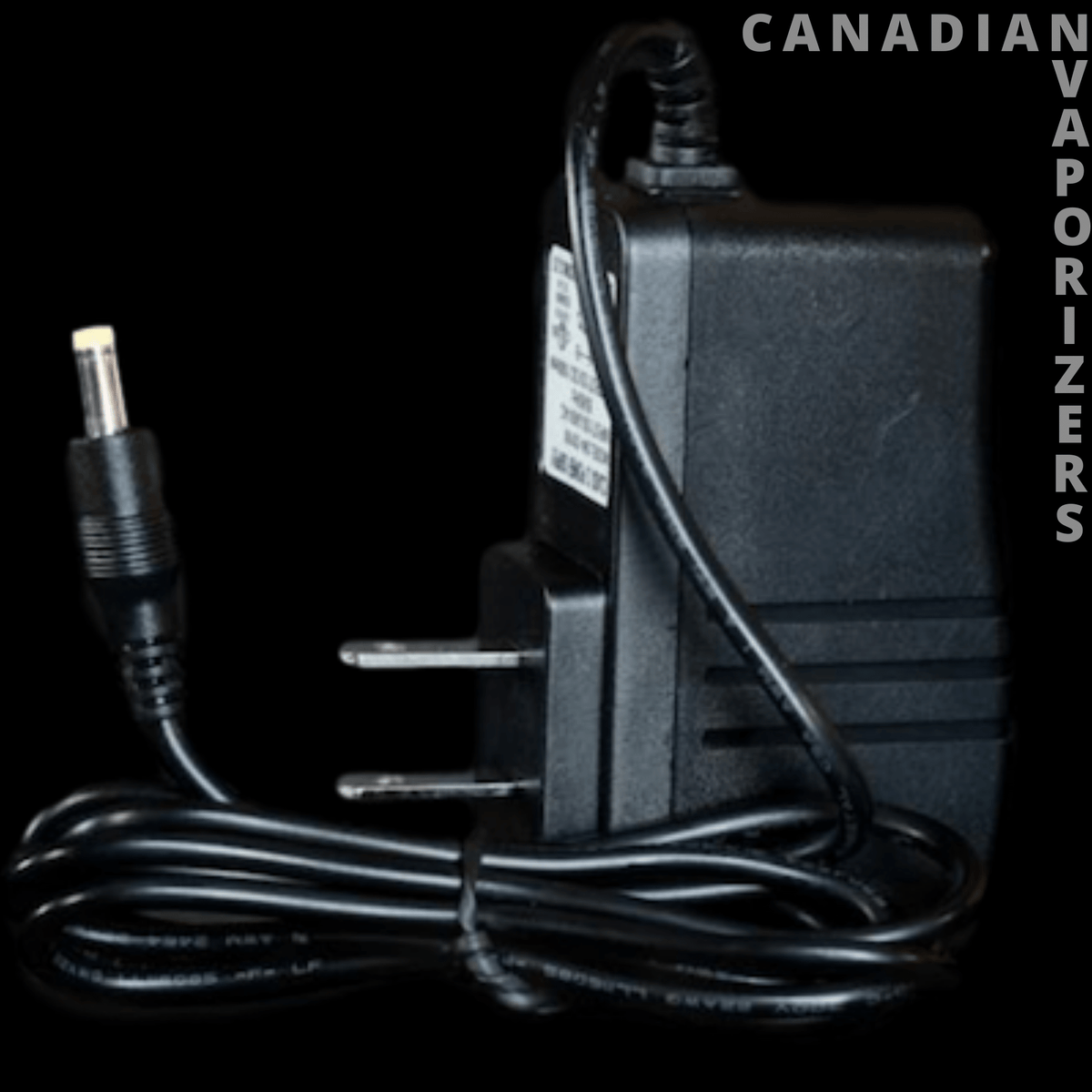 Arizer Solo 1 & 2 Wall Charger - Black Arizer wall charger with coiled cable, barrel connector, and two flat plug prongs.