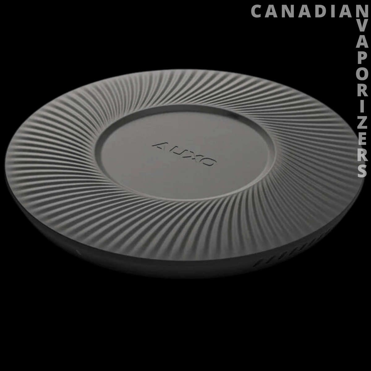 Auxo Cenote Wireless Charger - Round gray wireless charger with a ridged radial design and centered Auxo logo.