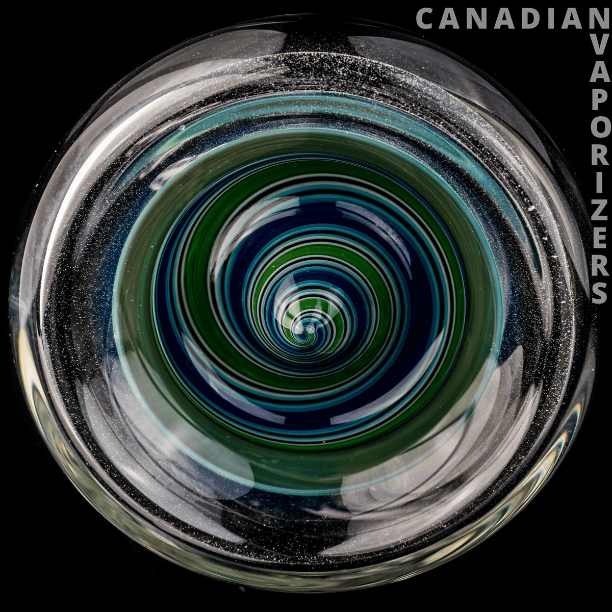 Barracuda Glass - Round Barracuda glass piece with a vivid blue-green spiral vortex and clear, sculpted glass rim.