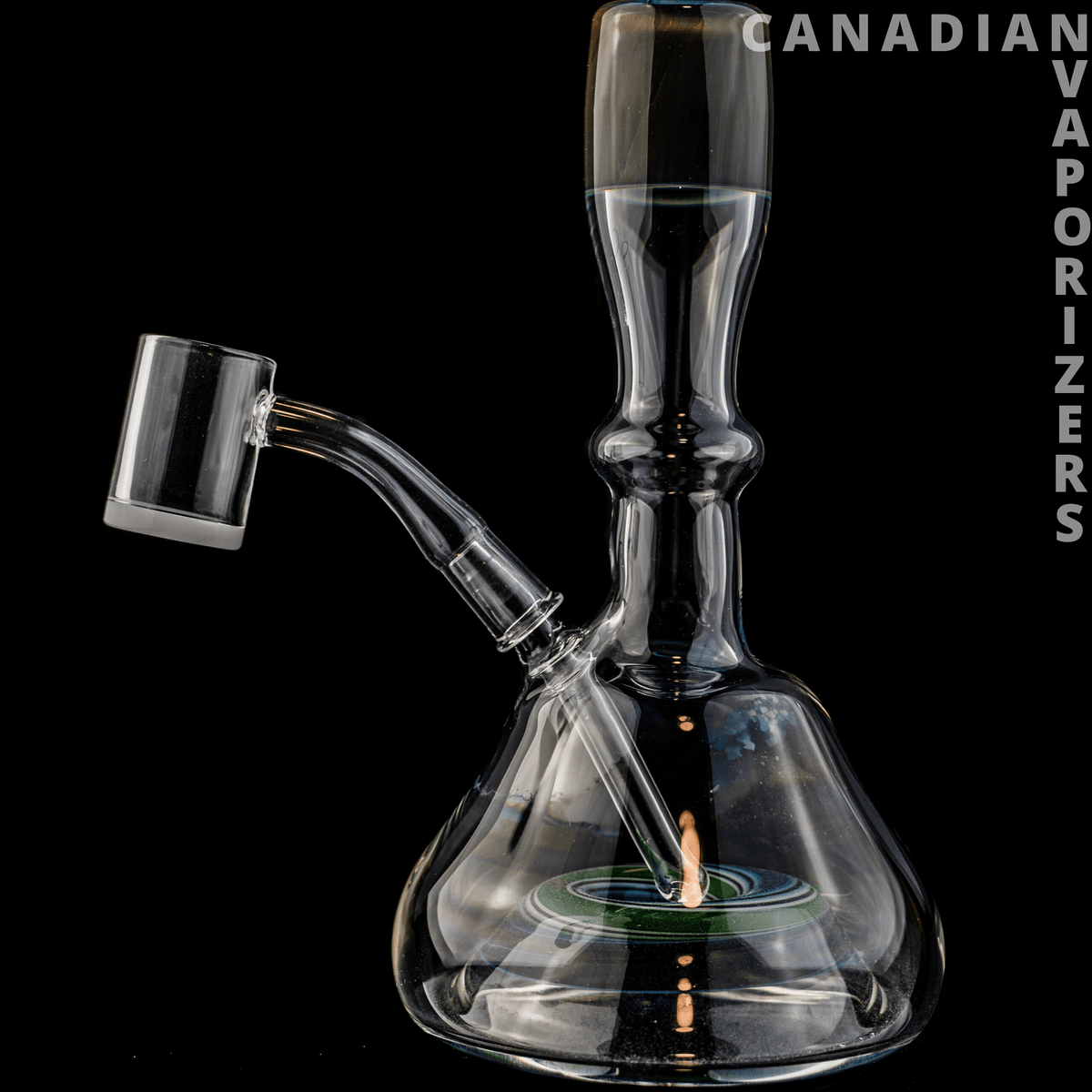 Barracuda Glass - Clear heady glass water pipe with a flared beaker base, curved side joint, and tall sculpted neck.