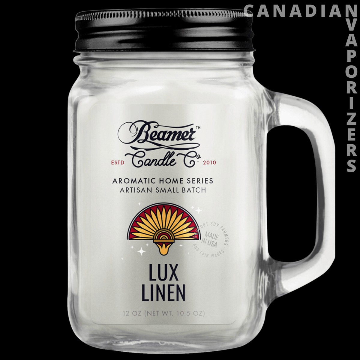 Beamer Candle Co Smoke Odor Exterminator 12oz Candle - Clear glass mason jar candle with a black lid and handle, labeled “Lux Linen” ароматic soy wax.