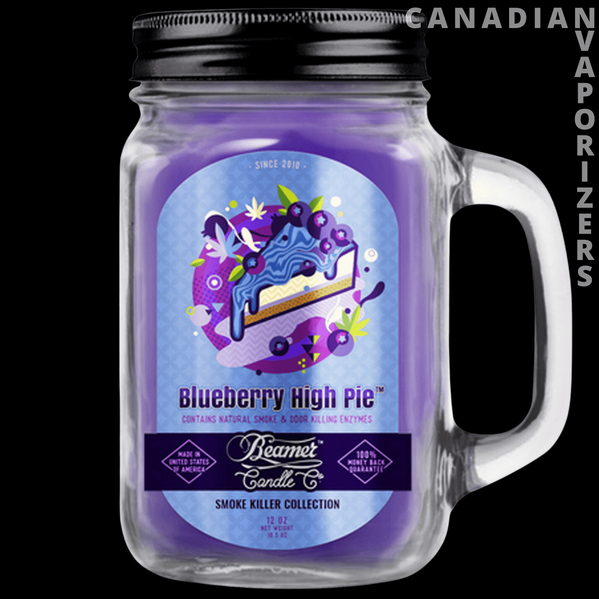 Beamer Candle Co Smoke Odor Exterminator 12oz Candle - Purple blueberry pie-scented candle in a clear handled glass jar with a black lid and colorful label.