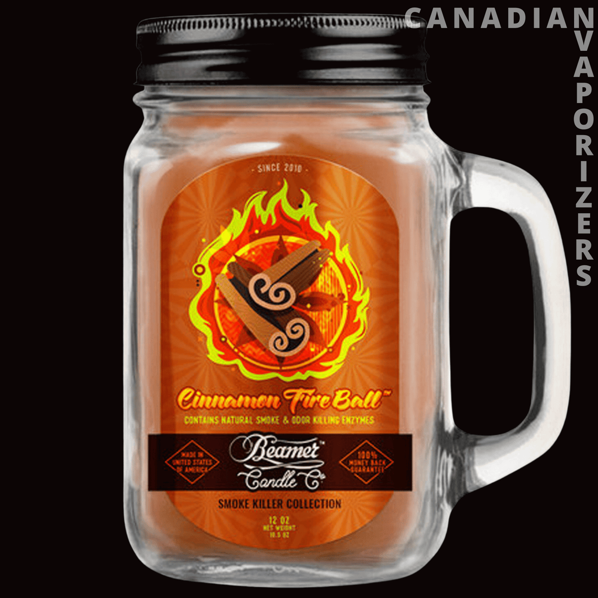 Beamer Candle Co Smoke Odor Exterminator 12oz Candle - Glass mason jar candle with black screw-top lid, handle, and bright orange flame-themed Cinnamon Fire Bowl label.