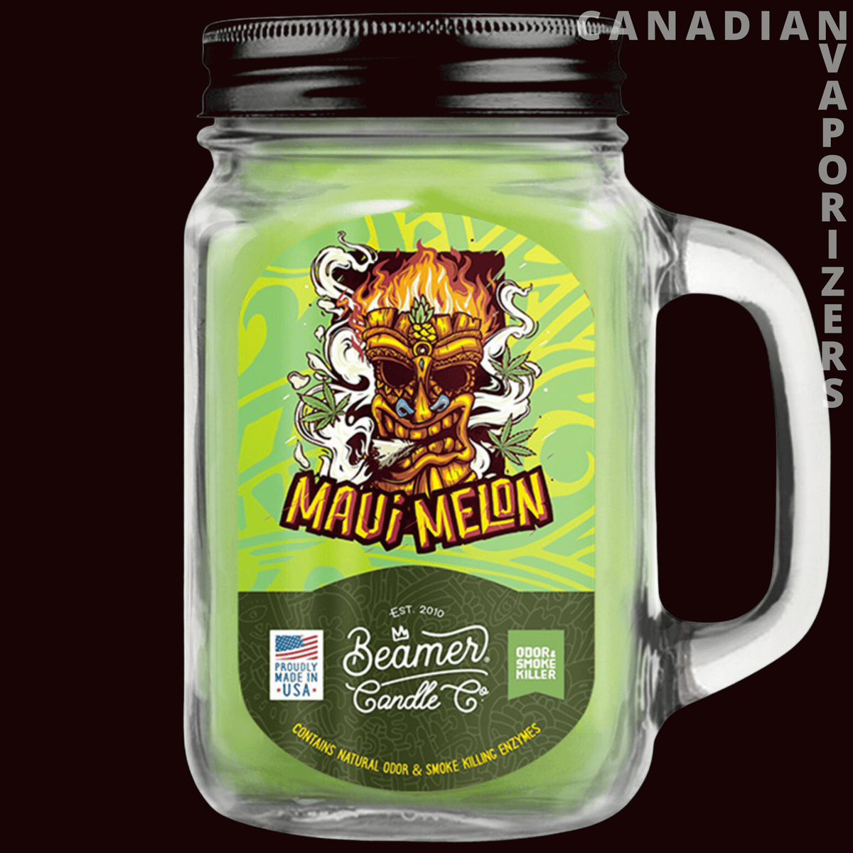 Beamer Candle Co Smoke Odor Exterminator 12oz Candle - Green Maui Melon scented candle in a clear handled mason jar with a black lid and colorful tiki label.