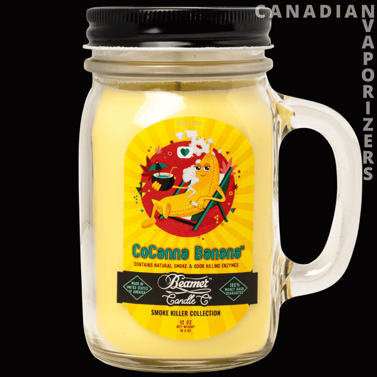 Beamer Candle Co Smoke Odor Exterminator 12oz Candle - Yellow coconut-scented candle in a clear mason jar with a black lid and handle, featuring a colorful label.