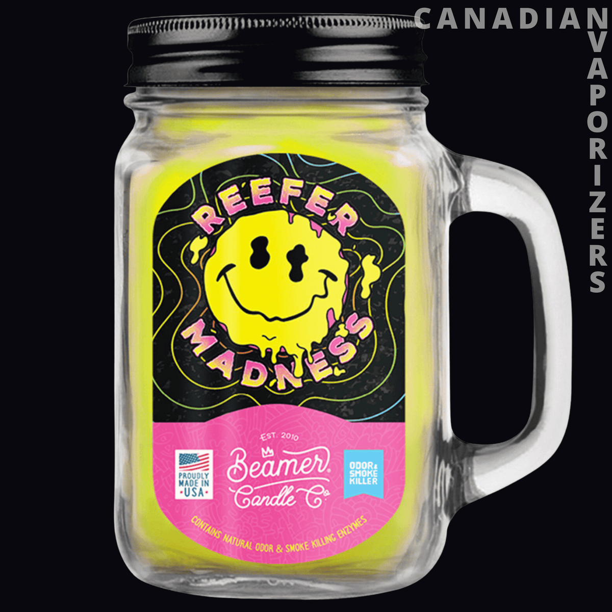Beamer Candle Co Smoke Odor Exterminator 12oz Candle - Clear handled glass jar candle with a black lid, bright yellow and pink “Reefer Madness” label, and Beamer Candle Co.