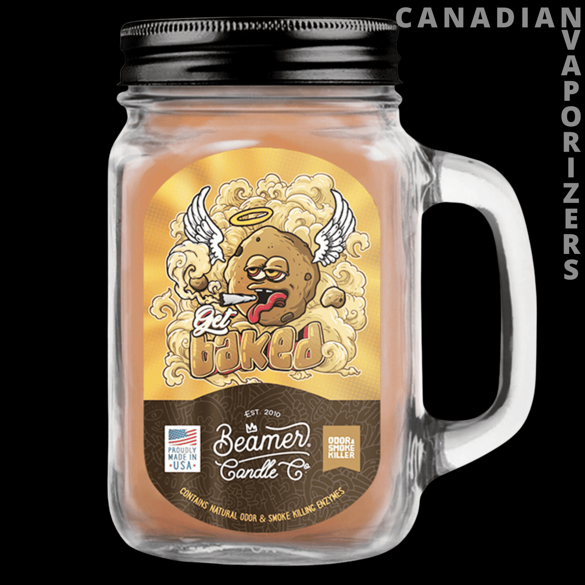 Beamer Candle Co Smoke Odor Exterminator 12oz Candle - Clear mason jar candle with an orange smoke-odor label, black lid, and glass handle.