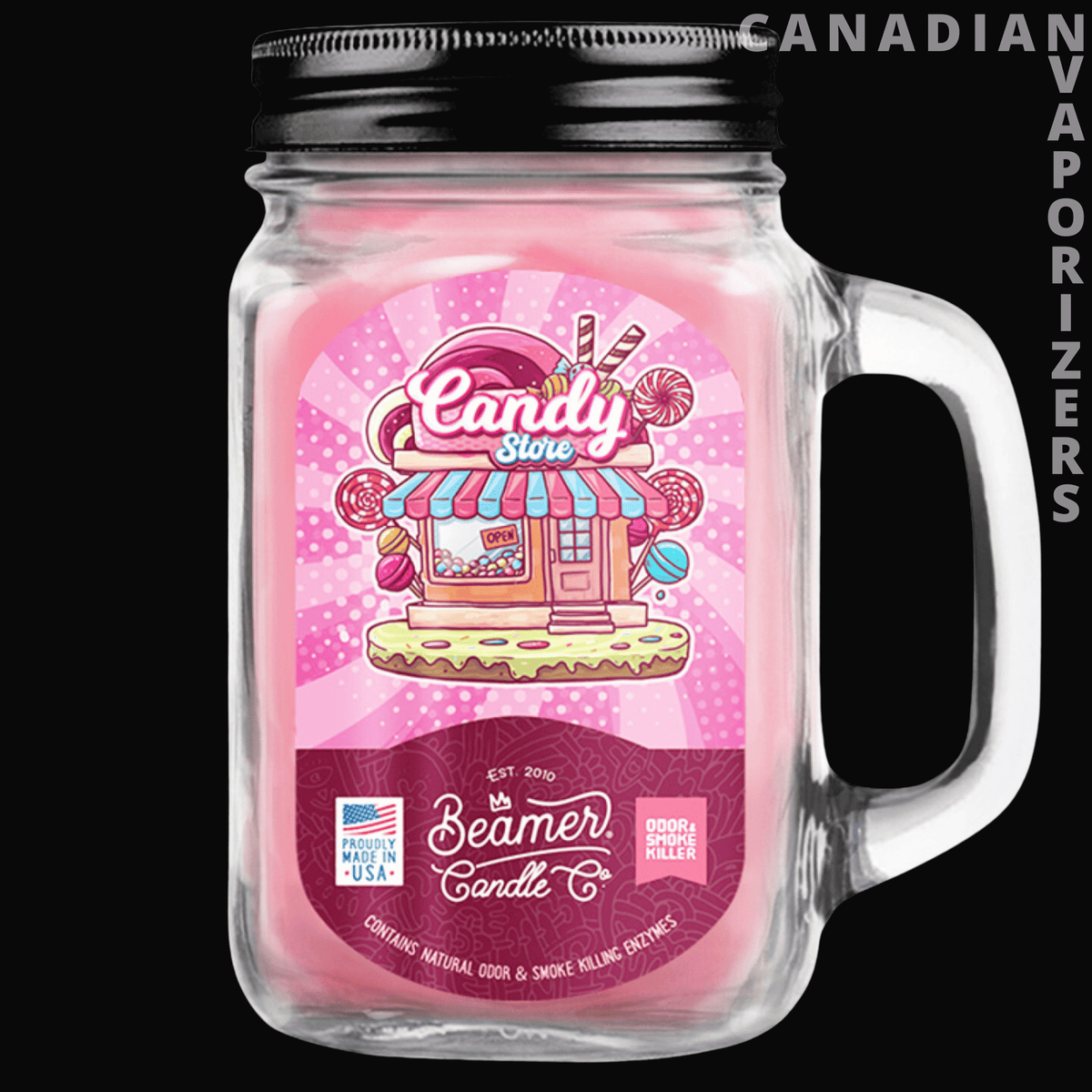 Beamer Candle Co Smoke Odor Exterminator 12oz Candle - Pink Beamer Candle Co. smoke odor exterminator candle in a clear handled glass jar with a black lid.