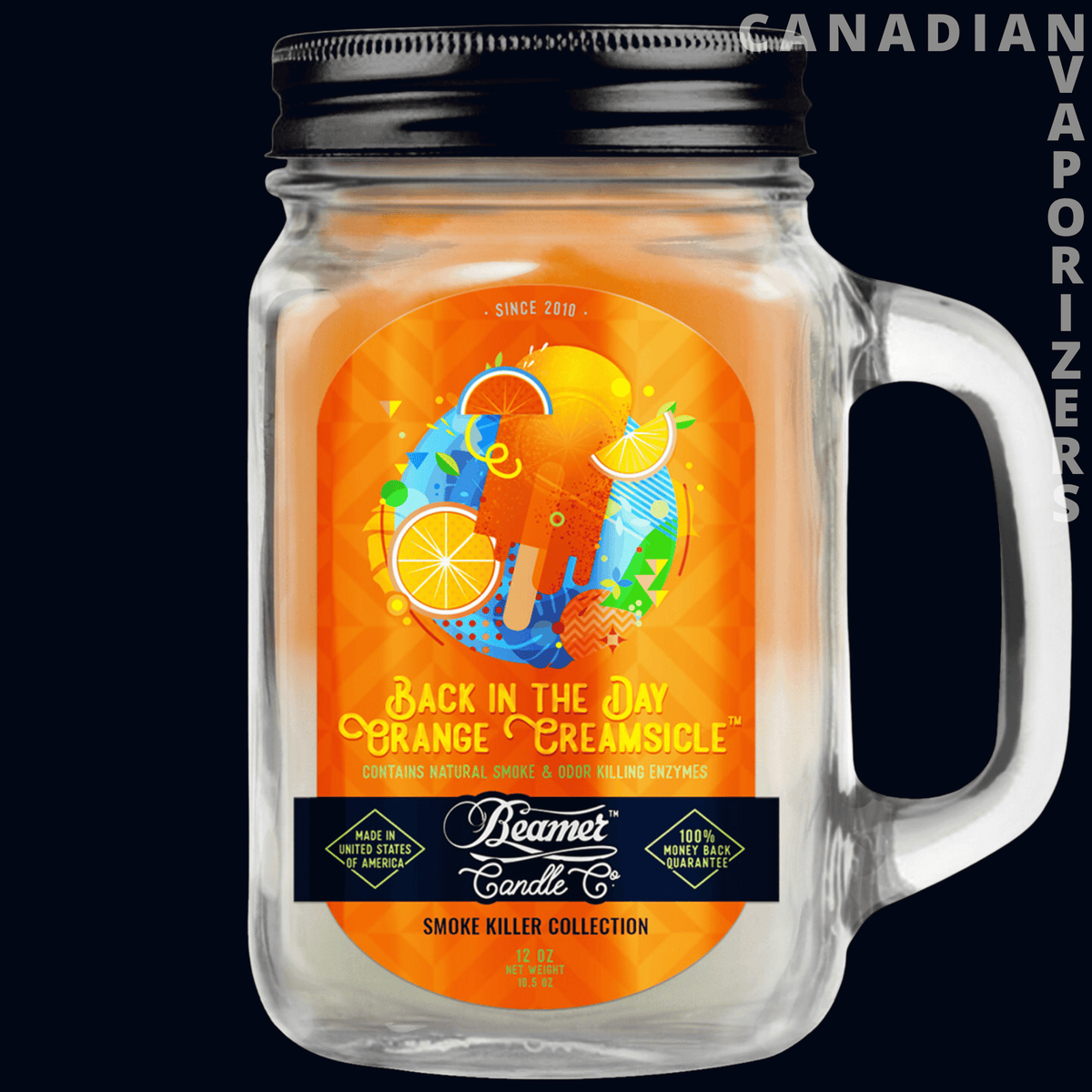 Beamer Candle Co Smoke Odor Exterminator 12oz Candle - Clear mason jar candle with a black lid, curved handle, and bright orange citrus label.
