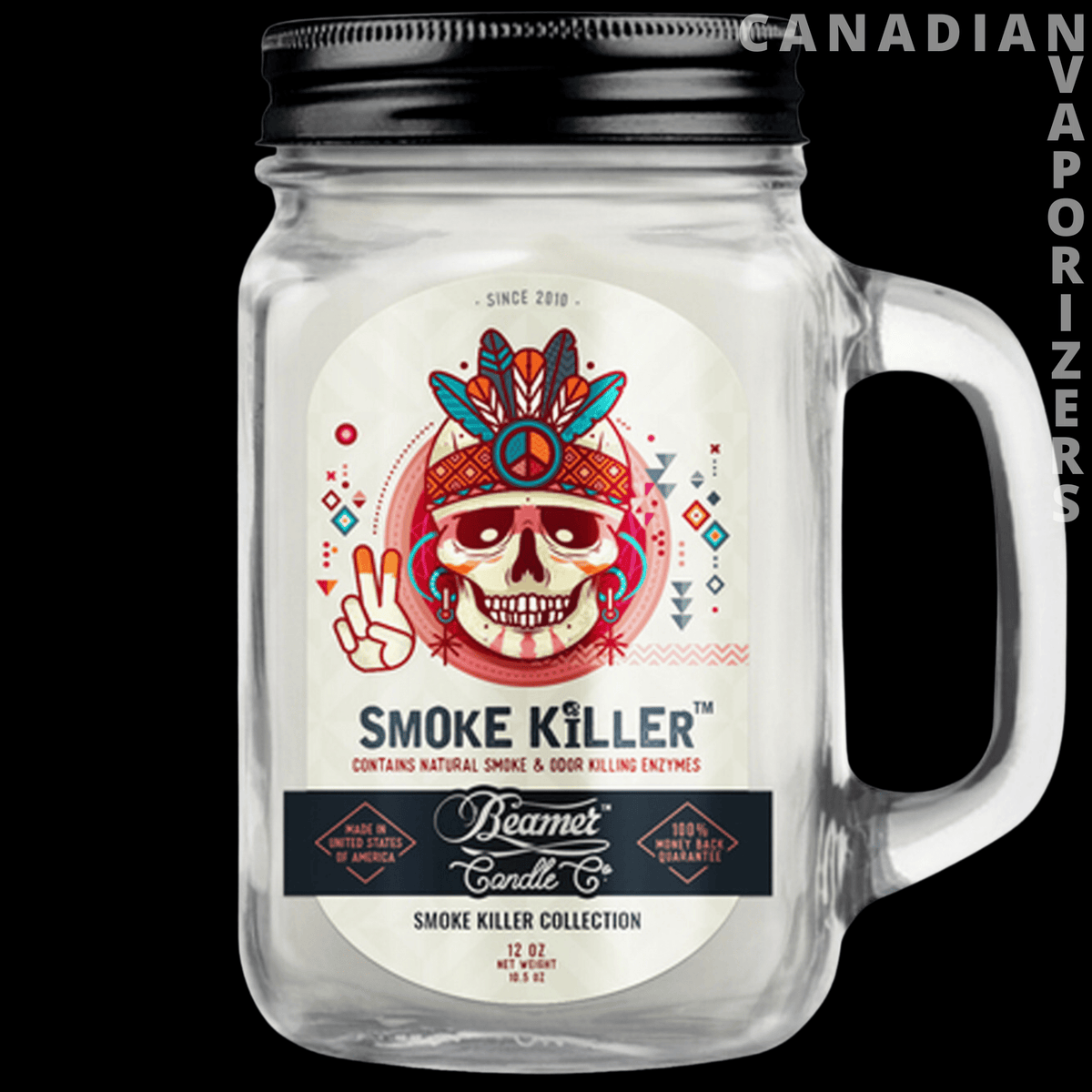 Beamer Candle Co Smoke Odor Exterminator 12oz Candle - Clear glass jar candle with black lid and handle, featuring a colorful skull label and Smoke Killer branding.