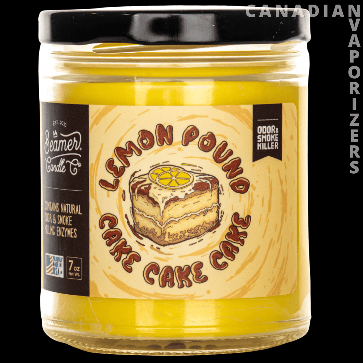 Beamer Candle Co Smoke Odor Exterminator 7oz Candle - Yellow wax candle in a clear glass jar with a black lid and illustrated lemon pound cake label.