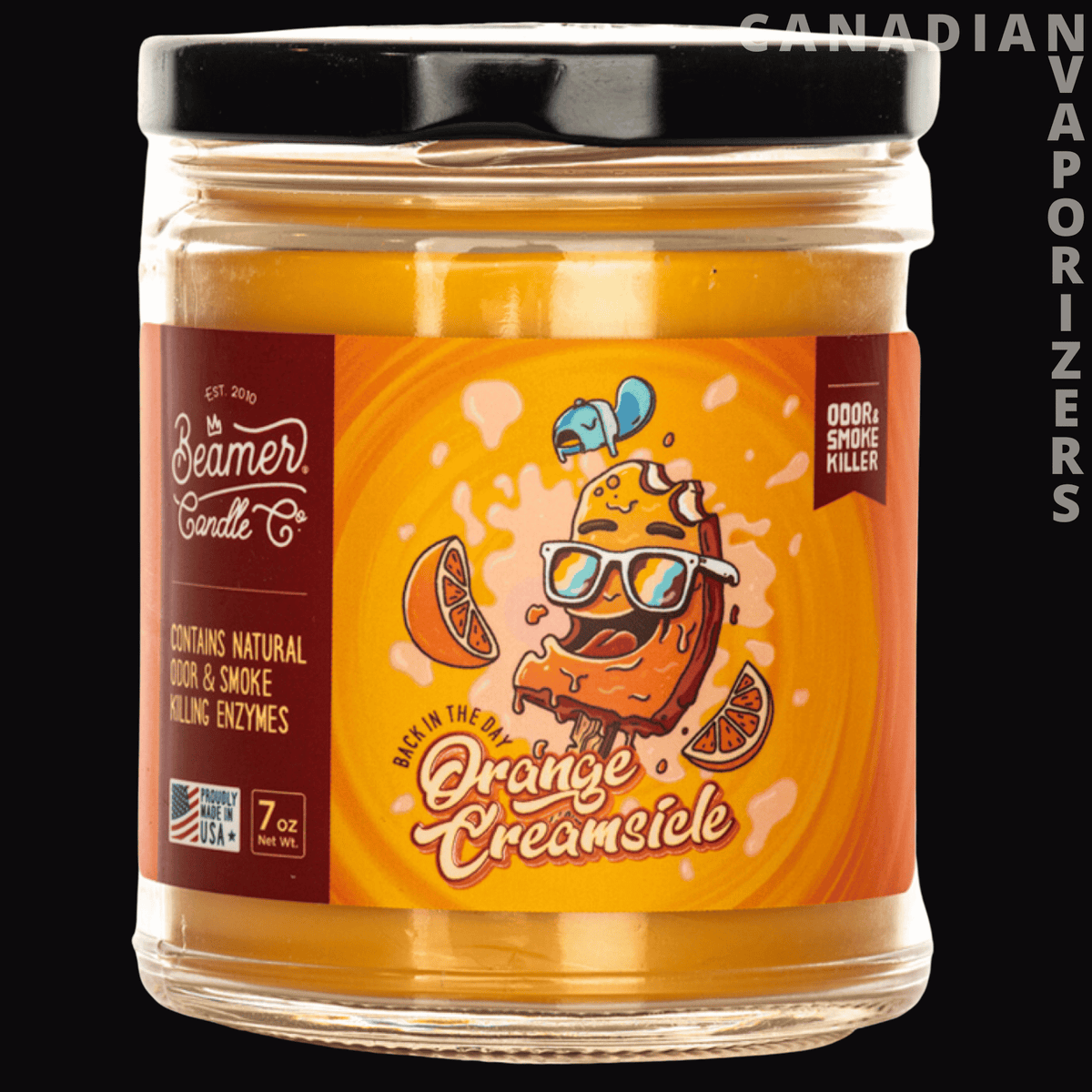 Beamer Candle Co Smoke Odor Exterminator 7oz Candle - Orange Beamer Candle Co. smoke odor exterminator candle in a clear jar with a black lid and orange label.