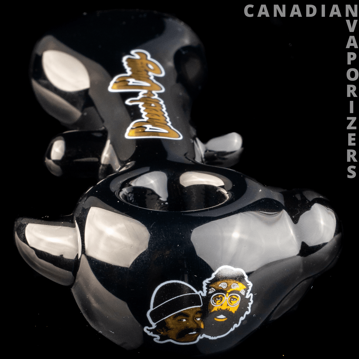 Black Cheech & Chong Glass Far Out Man Hand Pipe - Glossy black Cheech & Chong hand pipe with gold-and-white lettering and character graphic.