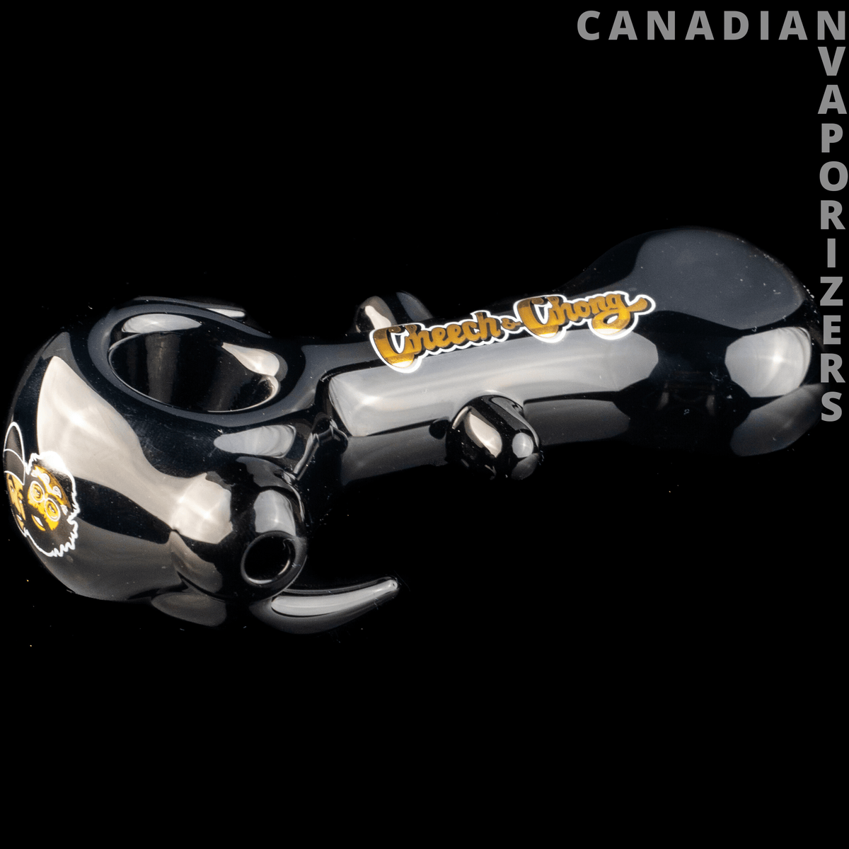 Black Cheech & Chong Glass Far Out Man Hand Pipe - Glossy black glass hand pipe with a rounded bowl, curved mouthpiece, and Cheech & Chong logo lettering.