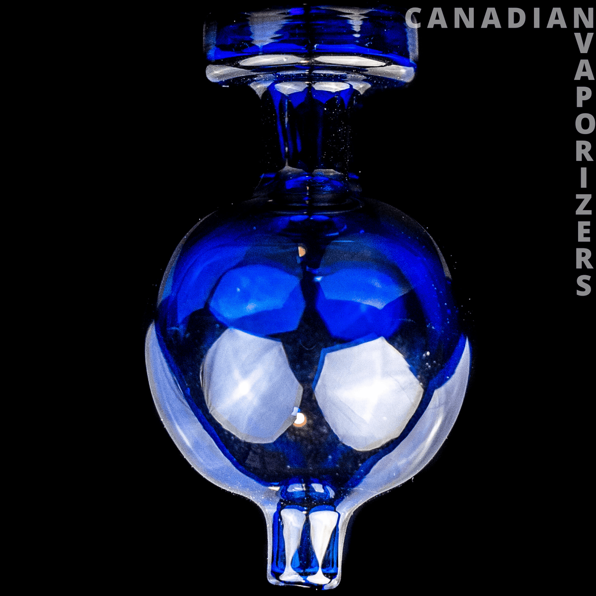 Blue Carb Cap - Transparent blue glass carb cap with a round chamber, faceted white accents, and a narrow stem.