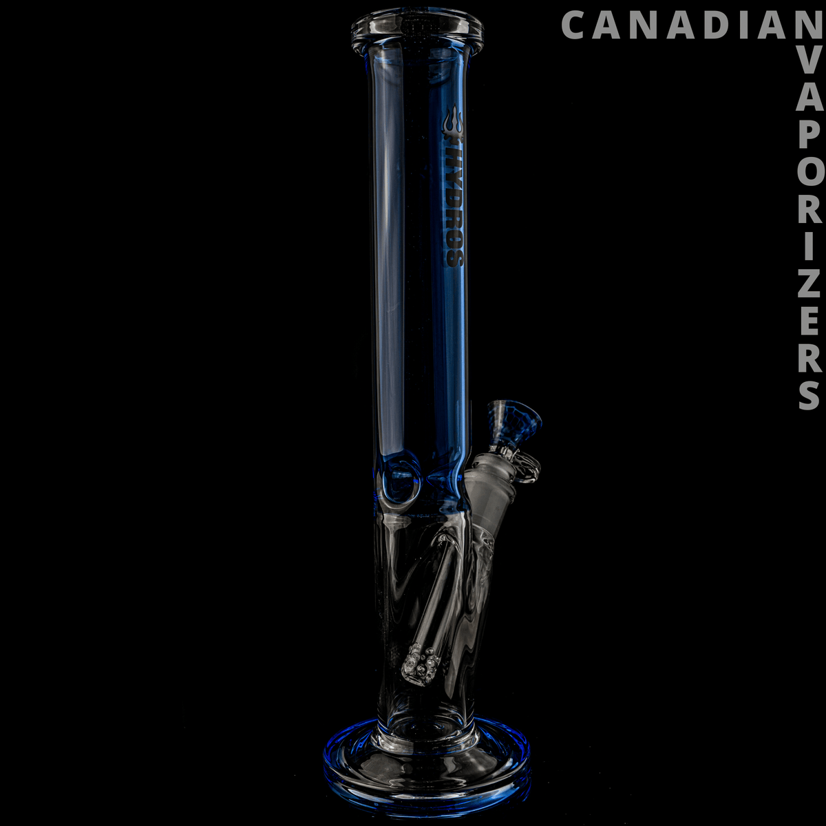 Blue | Hydros Straight Tube - Blue glass straight-tube water pipe with a flared base and angled side joint.