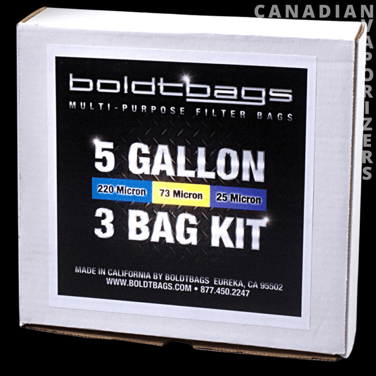 BoldTBags 5 Gallon Boldtbags (Pack of 3) - White Boldtbags 5-gallon multi-purpose filter bag kit box with three micron options labeled 220, 73, and 25.