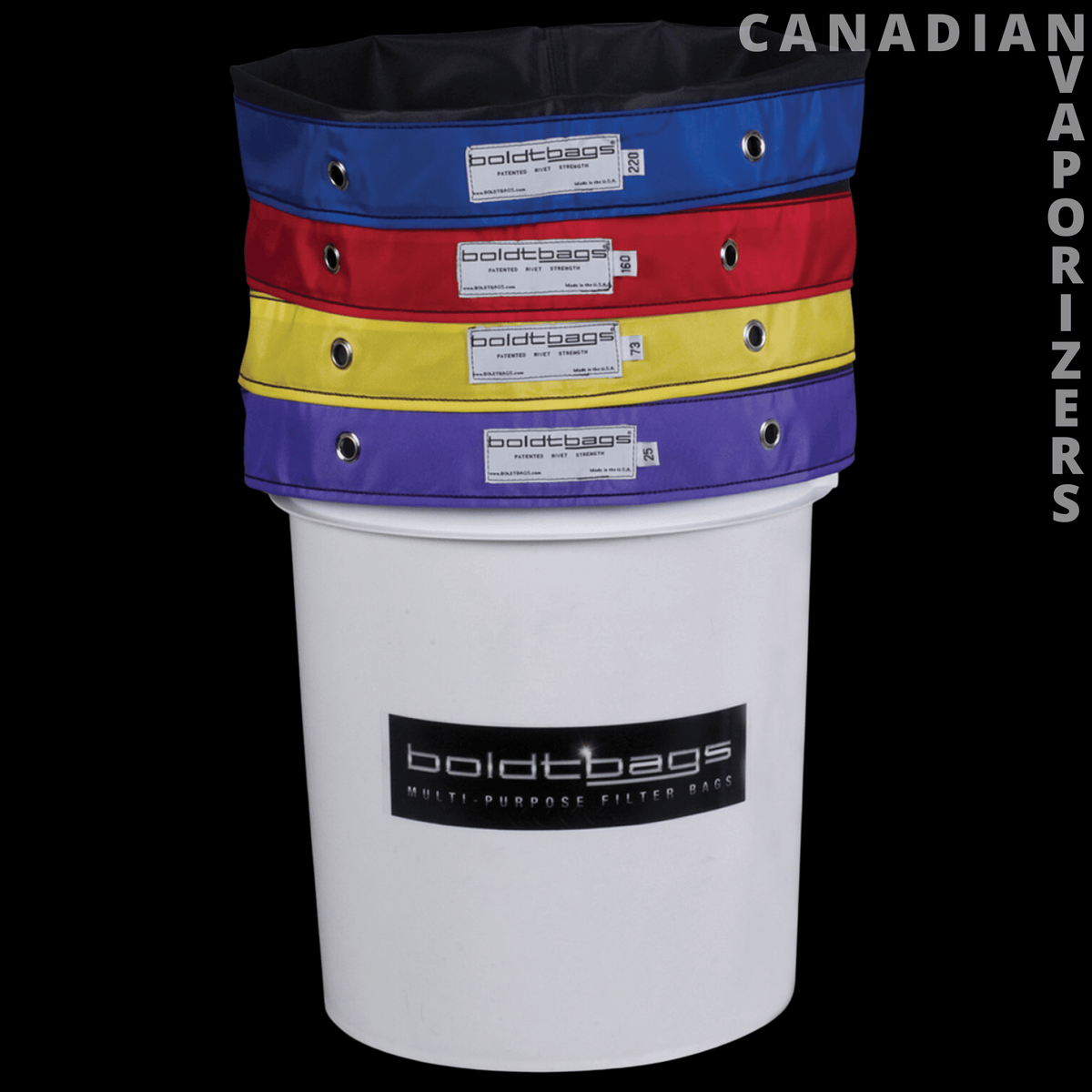 BoldTBags 5 Gallon Boldtbags (Pack of 4) - White 5-gallon bucket with four colorful BoldtBags filter bags stacked on top.