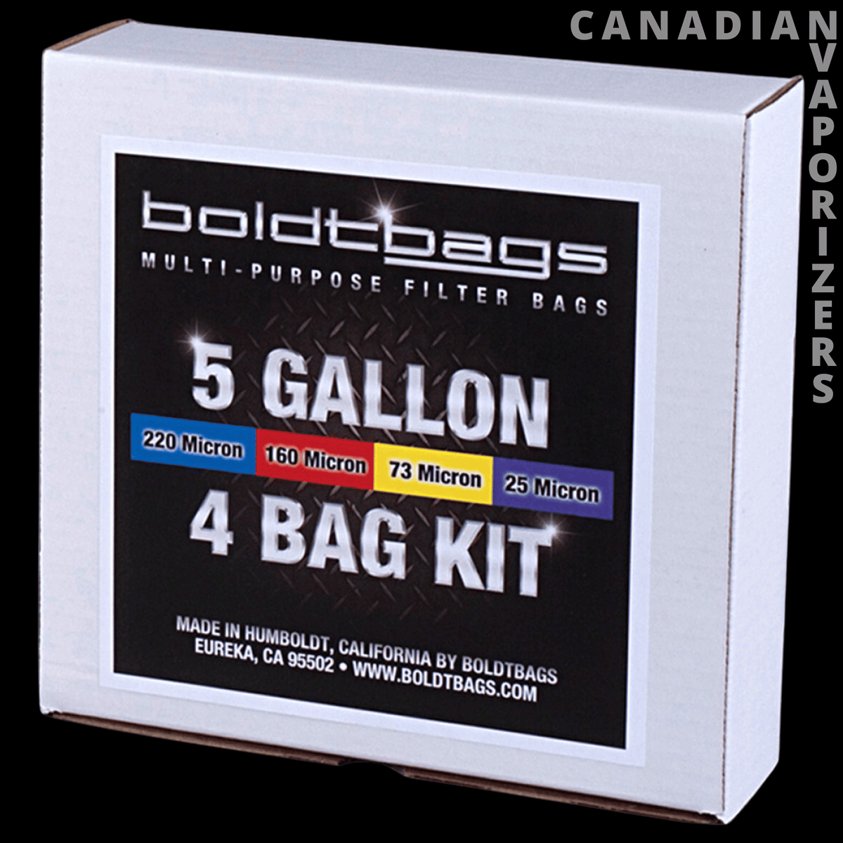 BoldTBags 5 Gallon Boldtbags (Pack of 4) - White Boldtbags 5-gallon filter bag kit box with a black label and four micron ratings listed.