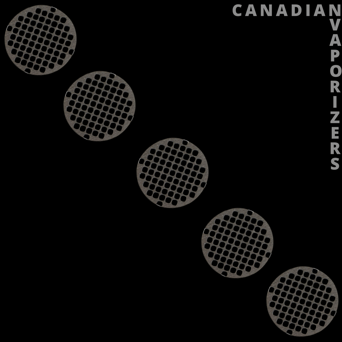 Boundless CF | CFX | CFV | Tera | CFC 2.0 Mouthpiece Screens - Five round stainless steel vaporizer mouthpiece screens with perforated honeycomb patterns.