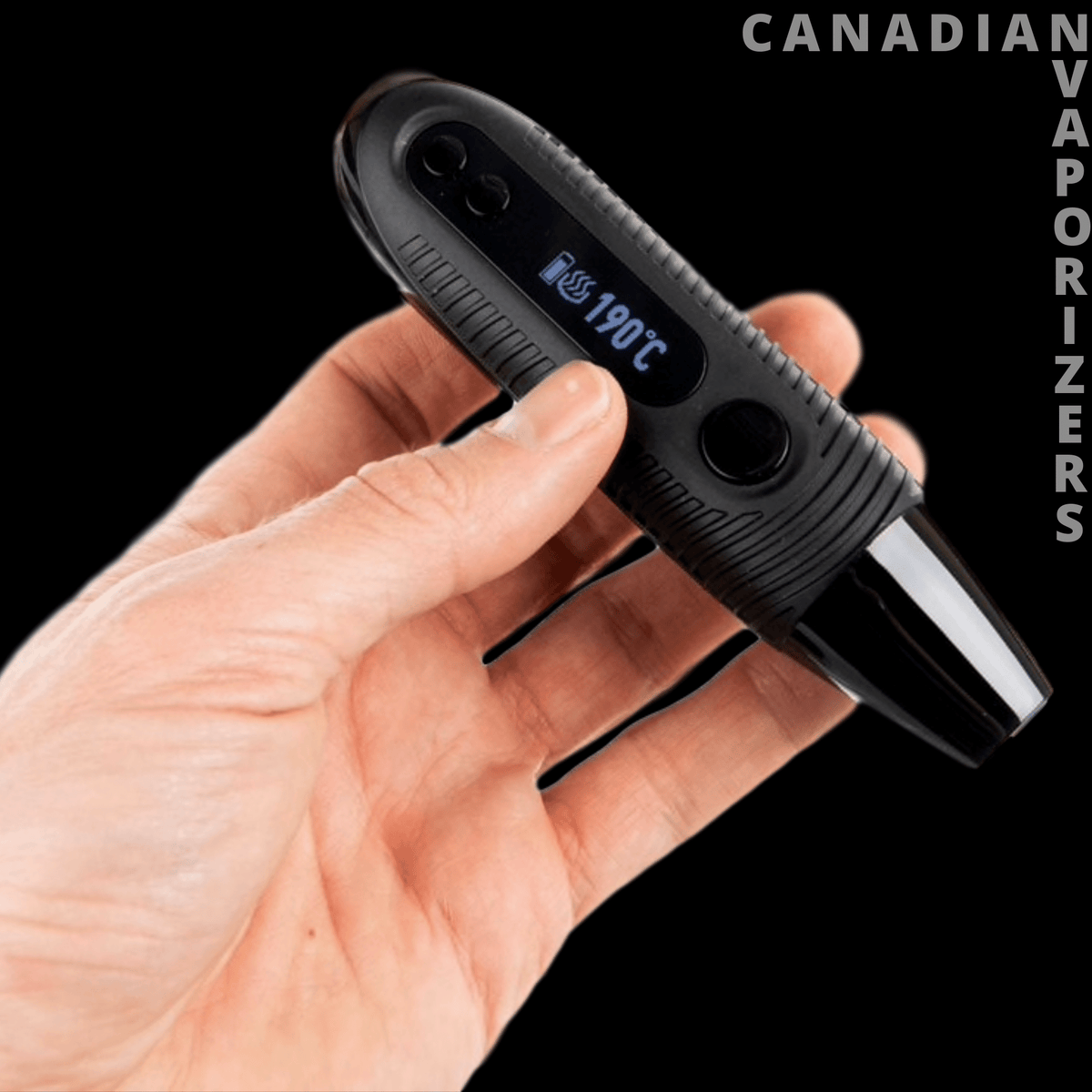 Boundless CFC 2.0 - Black Boundless CFC 2.0 portable vaporizer with ribbed grip and digital temperature display, held in hand.