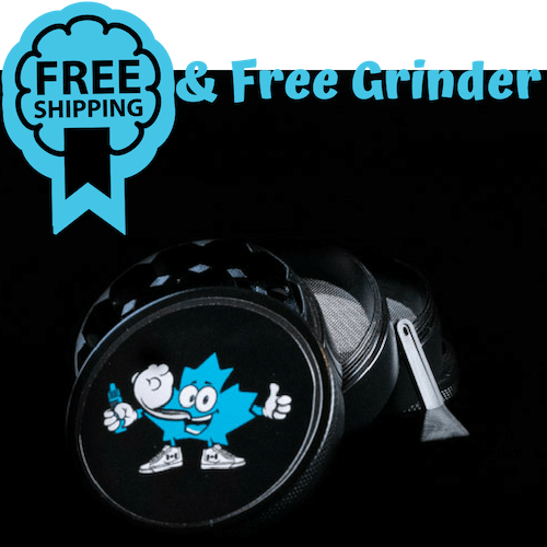 Boundless CFV - Black Boundless CFV vaporizer with blue cartoon mascot graphic, shown with a free grinder offer.