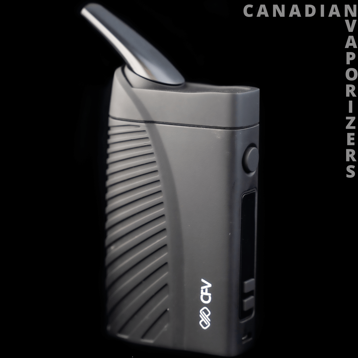 Boundless CFV - Black Boundless CFV vaporizer with ribbed grip, curved mouthpiece, and side control buttons.