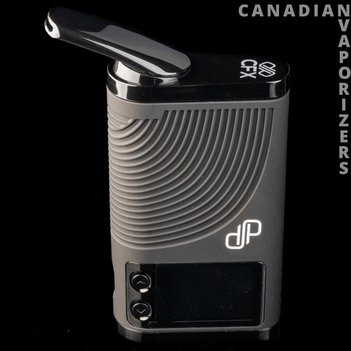 Boundless CFX - Black and silver Boundless CFX vaporizer with a curved mouthpiece, ribbed front, and digital display.