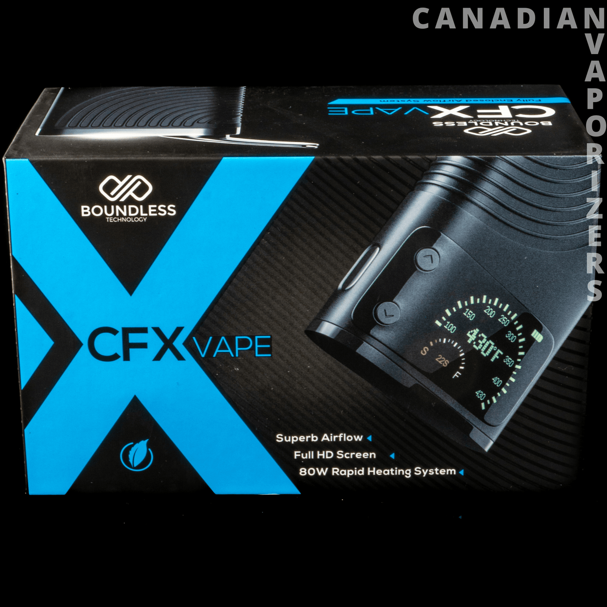 Boundless CFX - Black and blue Boundless CFX vape vaporizer box with a large X design and device photo.