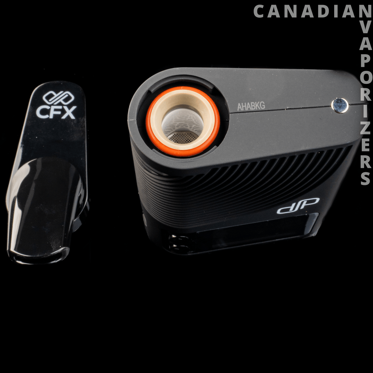 Boundless CFX - Black Boundless CFX vaporizer with an orange-rimmed chamber and matching protective mouthpiece cover.