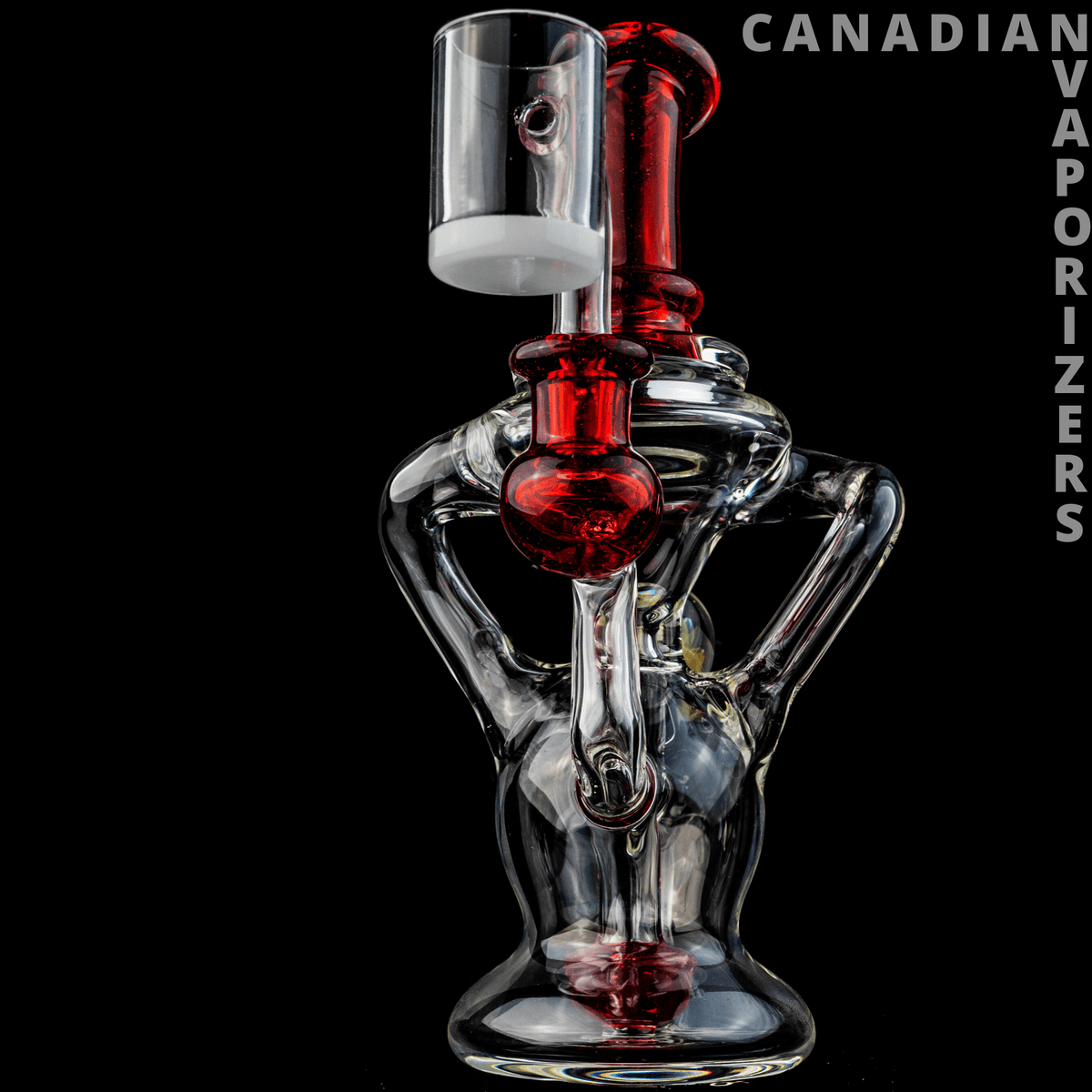 Buck Lee Glass Ball Klien - Clear glass water pipe with a red glass stem, sculpted chamber, and cylindrical bowl attachment.