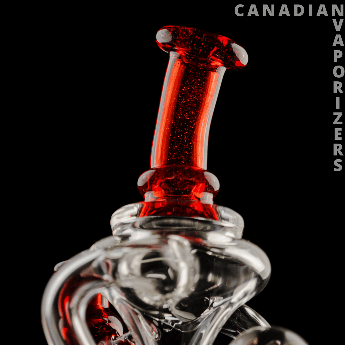 Buck Lee Glass Ball Klien - Clear glass ball-shaped piece with a red-and-black speckled neck and intricate internal coils.