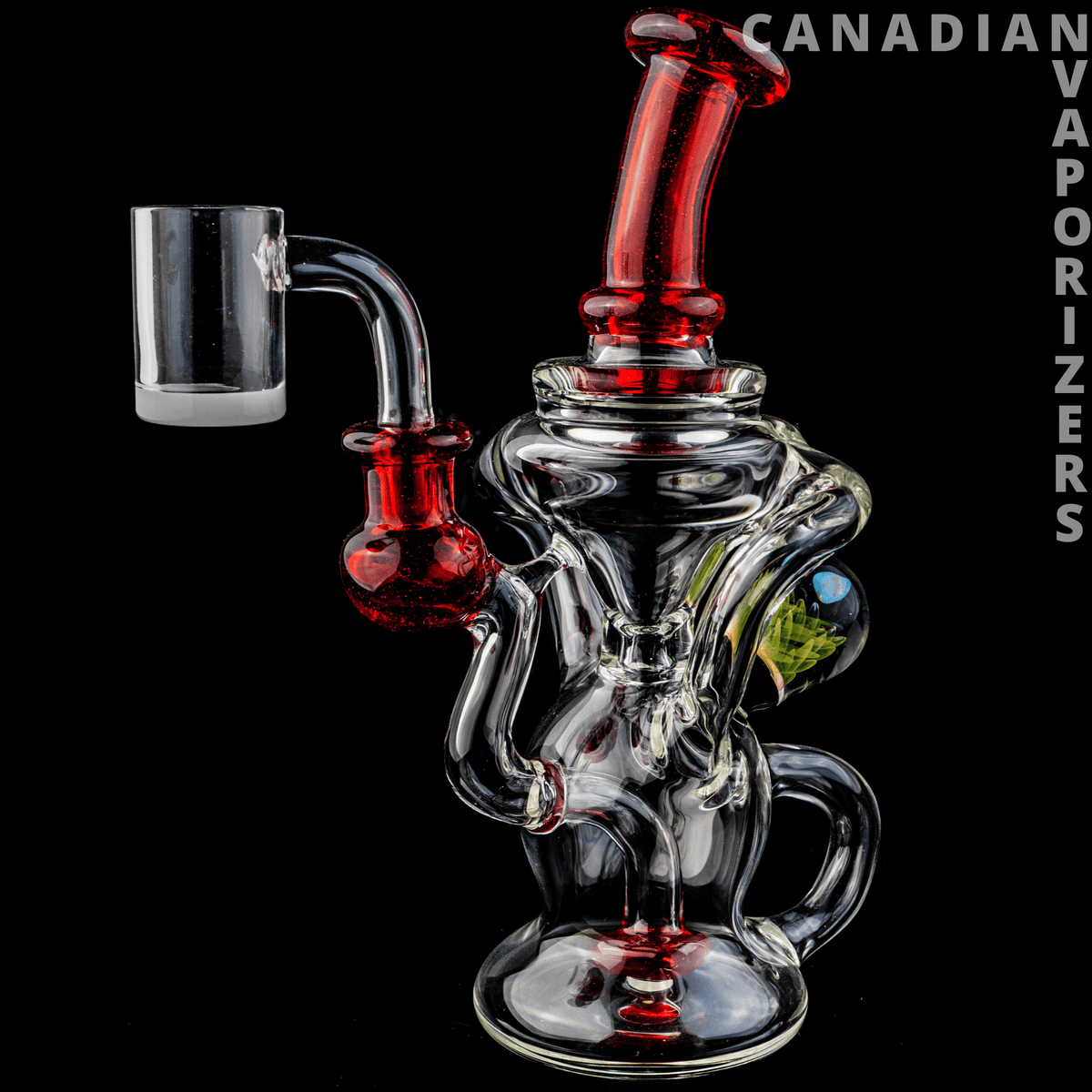Buck Lee Glass Ball Klien - Clear heady glass water pipe with a red angled mouthpiece, side joint, and sculpted looping chamber.